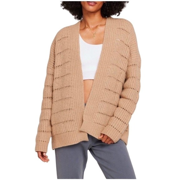 Spiritual Gangster Cassey Cardigan Womens Large Oatmeal Knit Merino Wool Nylon